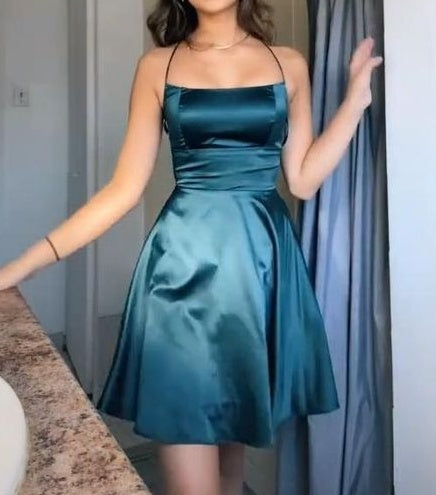 Elegant Homecoming Dress Navy Blue Halter A Line Stain Pleated Back to School Outfits Short Birthday Party Dress      P4997