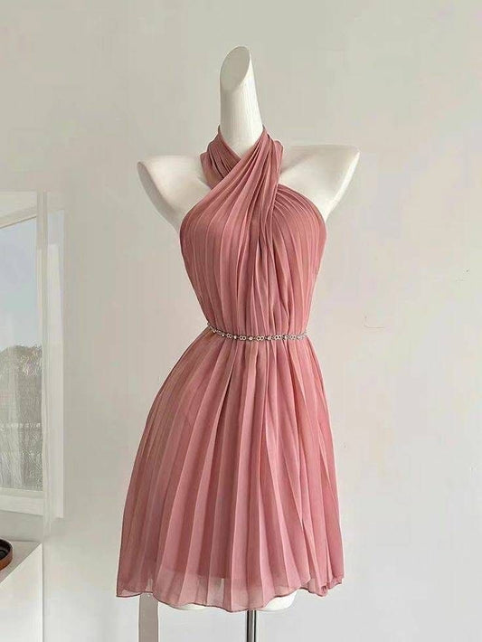 Elegant Homecoming Dress Halter Chiffon Pleated Back to School Outfits Short Birthday Party Dress      P5000