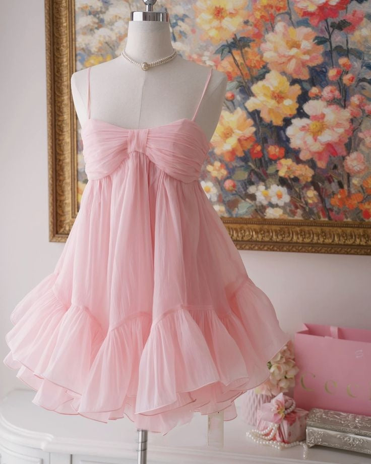 Pretty Homecoming Dress Light Pink Spaghetti Straps Pleated Short Birthday Party Dress Cocktail Dress      P5002