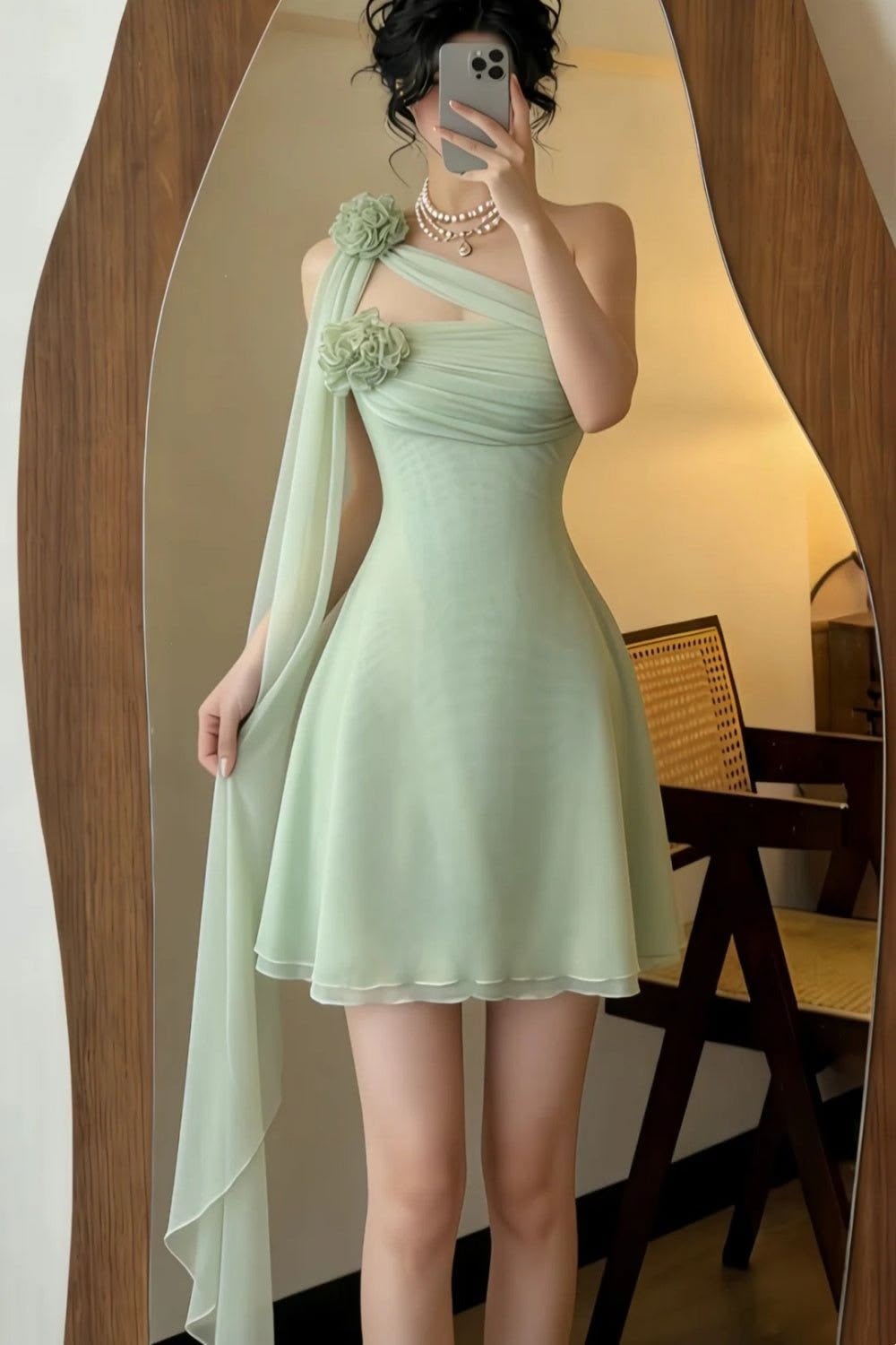 Beauty Homecoming Dress Light Green A Line One Shoulder Chiffon Short Birthday Party Dress Cocktail Dress      P5006