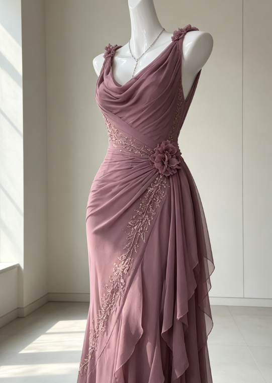 Chic Sheath Long Prom Dress Chiffon Beaded Evening Dress P5017
