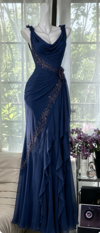 Chic Sheath Long Prom Dress Chiffon Beaded Evening Dress P5017