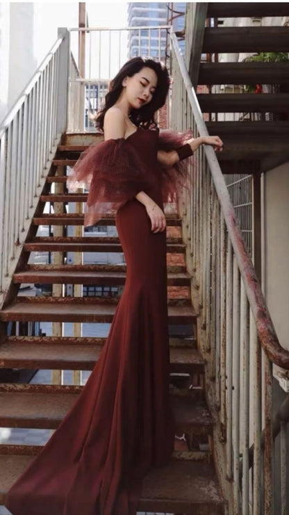 Robe de bal longue marron sirène unique à épaules dénudées P581