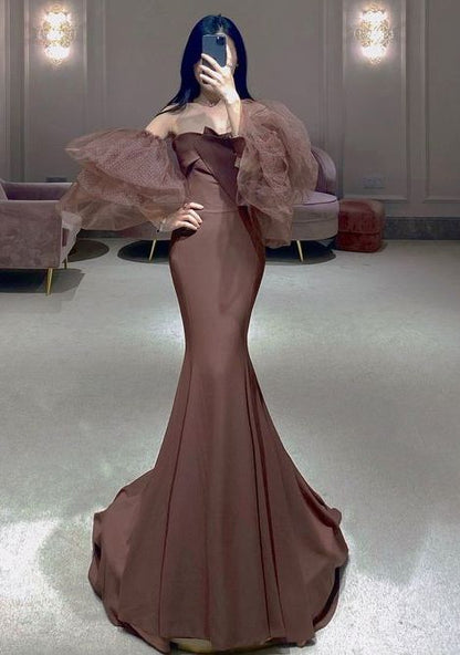 Robe de bal longue marron sirène unique à épaules dénudées P581