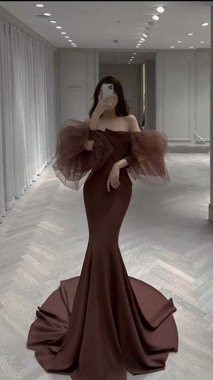Robe de bal longue marron sirène unique à épaules dénudées P581