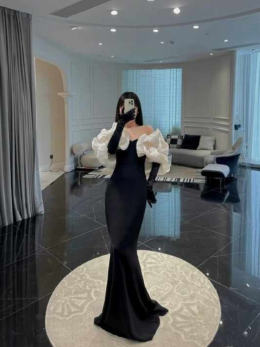 Unique Mermaid Sweetheart Black Long Prom Dress With Sleeves P584