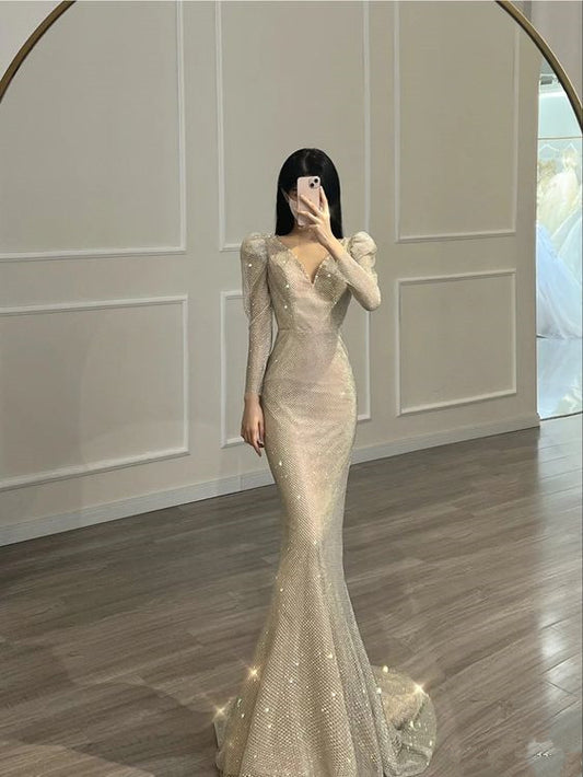 Unique Mermaid V neckline Sequin Champagne Long Prom Dress With Sleeves P585