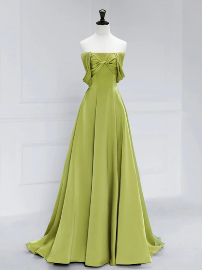 Robe de bal longue en satin vert coupe trapèze et épaules dénudées P588