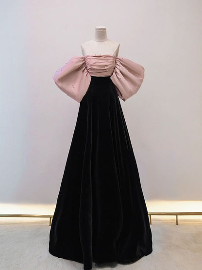 Robe de soirée longue en velours noir/rose robe de bal longue P597
