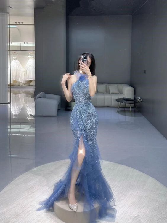 modest long prom dresses Mermaid Sequin Blue Dress With Slit P601 – PreppyDress full length ASTR the Label Christie 3.13®¶?D? Color:SILVER TAN