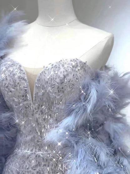 Modest Mermaid Pailletten Silber Langes Ballkleid P602