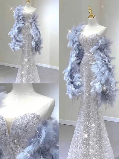 Modest Mermaid Pailletten Silber Langes Ballkleid P602