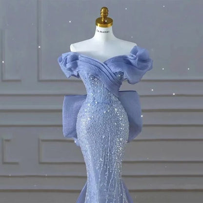 Sparkly Blue Prom Dresses With Bow Sequins Off The Shoulder Prom Dress – PreppyDress