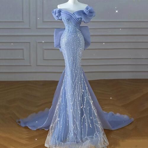 Sparkly Blue Prom Dresses With Bow Sequins Off The Shoulder Prom Dress – PreppyDress