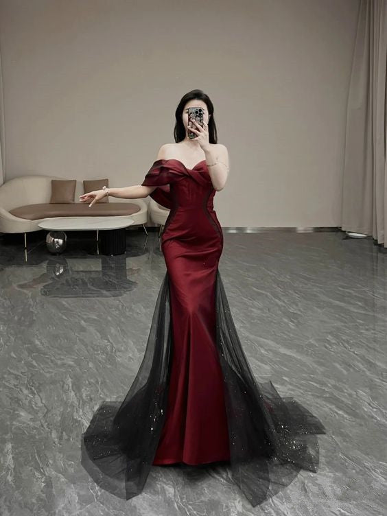 Modest Mermaid Strapless Satin Long Burgundy Prom Dress P607 – PreppyDress