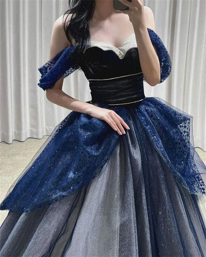 Gothic Glitzer Blau Prinzessin Tüll Ballkleid Blau Langes Abendkleid P612