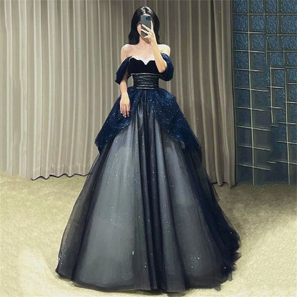 Gothic Glitter Blue Princess Tulle Prom Dress Blue Long Evening Dress –  PreppyDress