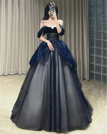 green emerald velvet dress Glitter Royal Blue Sequins Prom Dress with Slit – FancyVestido main image 1
