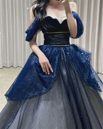 Gothic Glitzer Blau Prinzessin Tüll Ballkleid Blau Langes Abendkleid P612
