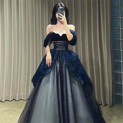 Gothic Glitter Blue Princess Tulle Prom Dress Blue Long Evening Dress –  PreppyDress