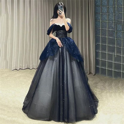 Gothic Glitzer Blau Prinzessin Tüll Ballkleid Blau Langes Abendkleid P612