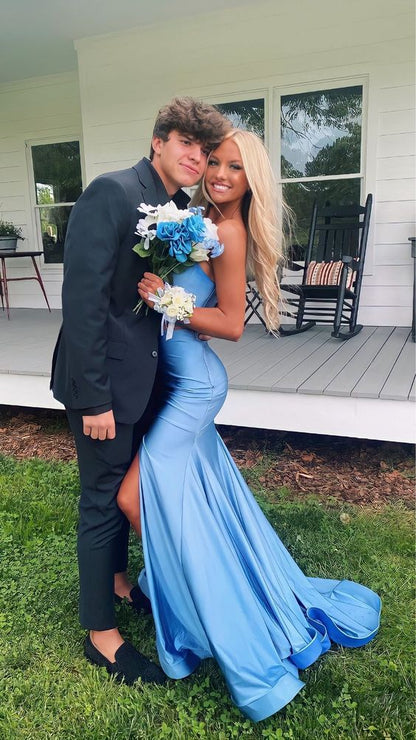 Sexy Meerjungfrau Blaues Abendkleid mit Schlitz Abschlussball Geburtstag Outfits P645