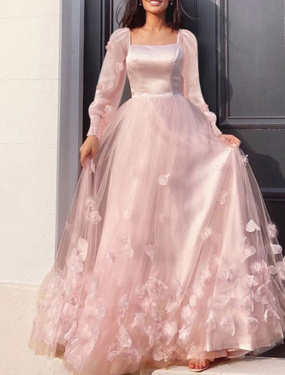 A-Linie Abschlussballkleider Maxikleid Bodenlang Lange Ärmel Tüll mit Applikationen Outfits zum 22. Geburtstag P649