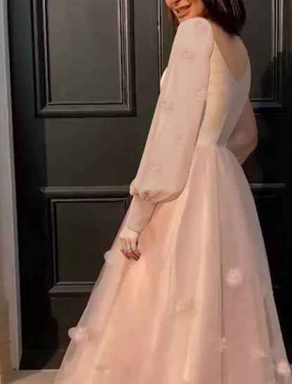A-Line Prom Dresses Maxi Dress Floor Length Long Sleeves Tulle with Ap –  PreppyDress
