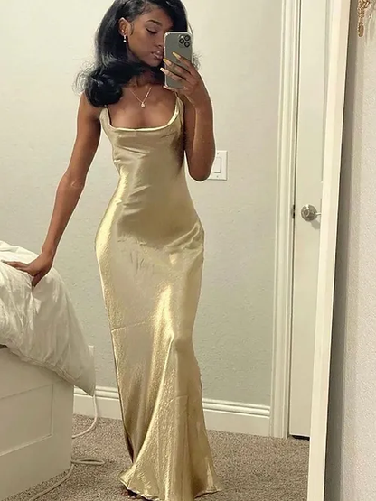 Élégante Robe Longue Dorée Sirène à Bretelles Tenues pour le 21e Anniversaire P659