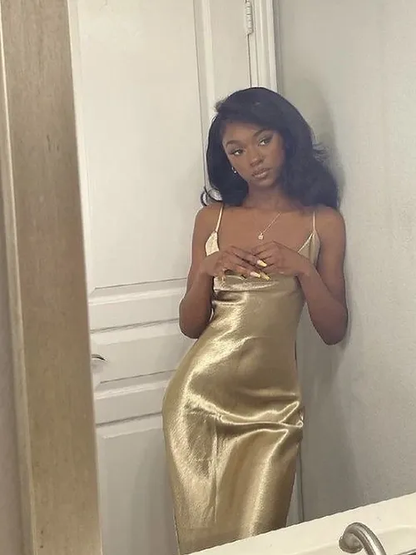 Élégante Robe Longue Dorée Sirène à Bretelles Tenues pour le 21e Anniversaire P659