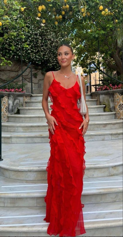 Élégante robe de bal rouge sirène à fines bretelles Tenues d'anniversaire pour les 21 ans P662