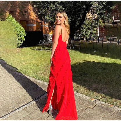fitted lace wedding dress Kylie Red High-Neck Maxi Dress With Chiffon Skirt – Club L London