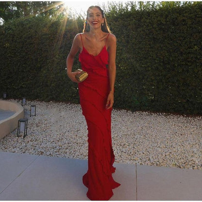 Elegantes Meerjungfrau-Spaghetti-Träger-rotes Ballkleid zum 21. Geburtstag P663