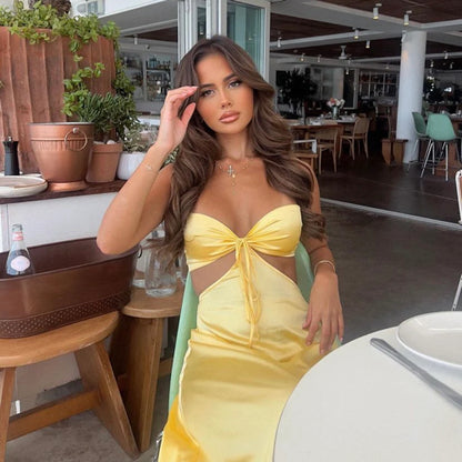Sexy Meerjungfrauen-Spaghettiträger-Kleid Gelbes Ballkleid Outfit zum 21. Geburtstag P664