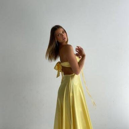 Sexy Meerjungfrauen-Spaghettiträger-Kleid Gelbes Ballkleid Outfit zum 21. Geburtstag P664
