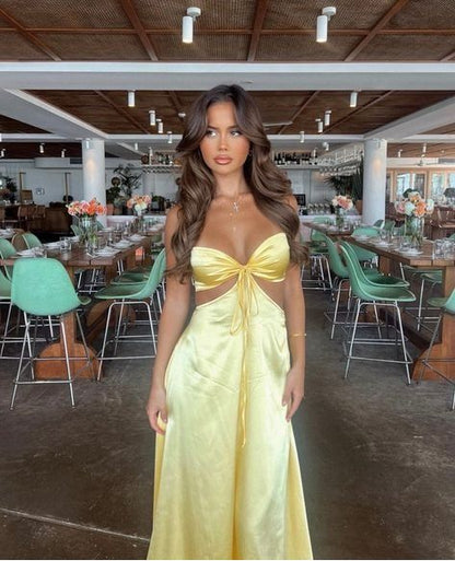 Sexy Meerjungfrauen-Spaghettiträger-Kleid Gelbes Ballkleid Outfit zum 21. Geburtstag P664