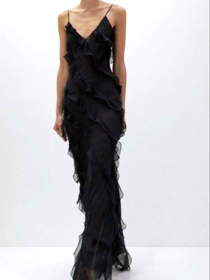 Sexy Meerjungfrauen-Träger Chiffon Schwarzes Abschlussballkleid Outfit zum 21. Geburtstag P668