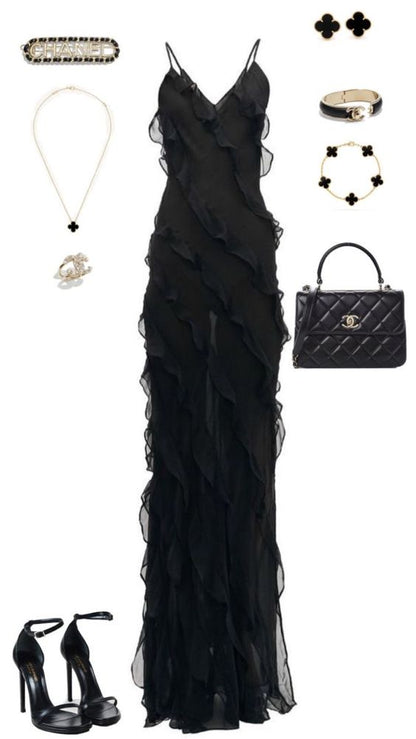 Sexy Meerjungfrauen-Träger Chiffon Schwarzes Abschlussballkleid Outfit zum 21. Geburtstag P668