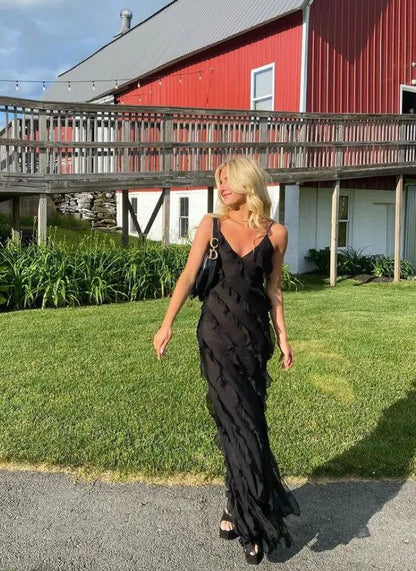 Robe de bal sirène sexy en mousseline noire dos nu, tenue d'anniversaire pour les 21 ans P669