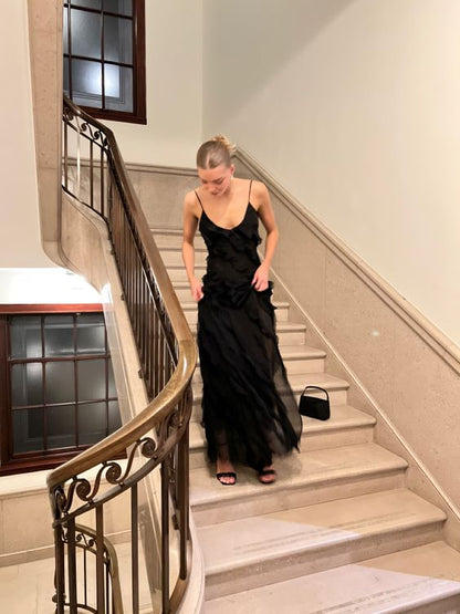 Robe de bal sirène sexy en mousseline noire dos nu, tenue d'anniversaire pour les 21 ans P669