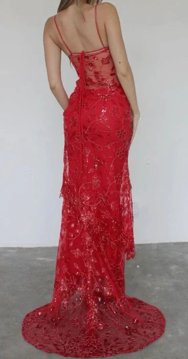 Beautiful Spaghetti Straps Birthday Party Dresses Red Lace Prom Dresses P690