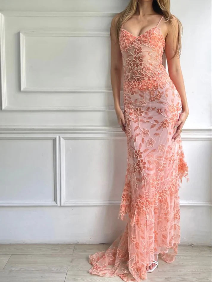 Beautiful Spaghetti Straps Birthday Party Dresses Red Lace Prom Dresses P690