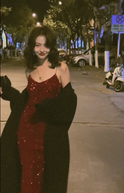Sexy Meerjungfrau Rote Partykleider Pailletten Rote Abschlussballkleider P702