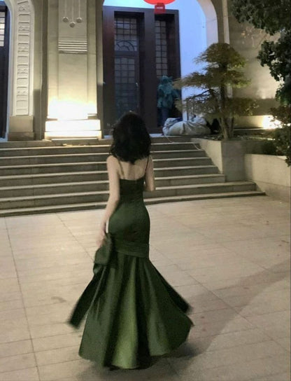 Sexy Mermaid Straps Green Party Dresses Satin Long Prom Dresses P708   PreppyDress