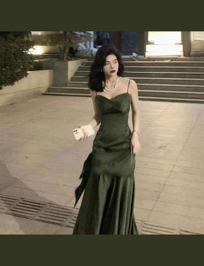 Sexy Mermaid Straps Green Party Dresses Satin Long Prom Dresses P708 - AS  PHOTO / US2