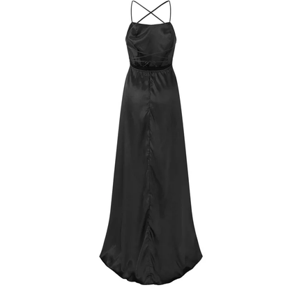 Einfache A-Linie Träger Partykleider Schwarz Lang mit Schlitz Ballkleider P721