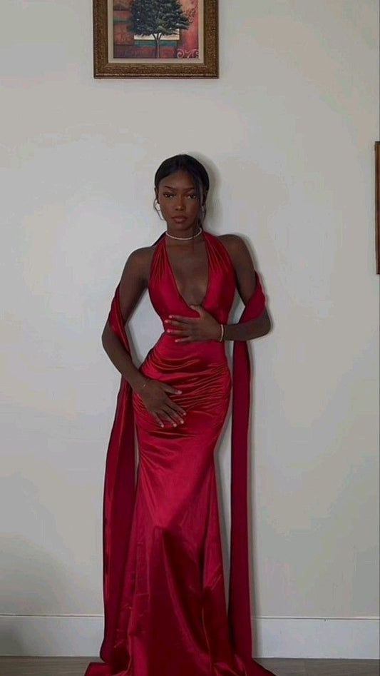 Sexy Mermaid Bright Red V neckline Prom Dress 22th Birthday Outfits P804