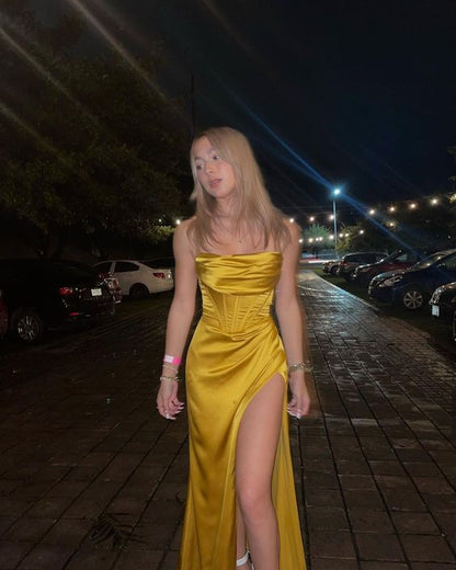 Sexy Meerjungfrau Seidensatin Träger Abend Party Kleid Lang Gelb Ballkleid P832