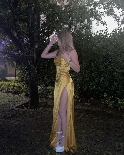 Sexy Meerjungfrau Seidensatin Träger Abend Party Kleid Lang Gelb Ballkleid P832