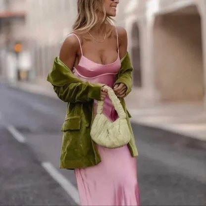 Einfaches A-Linien-Träger-ärmelloses Partykleid aus Seidensatin in Pink P844